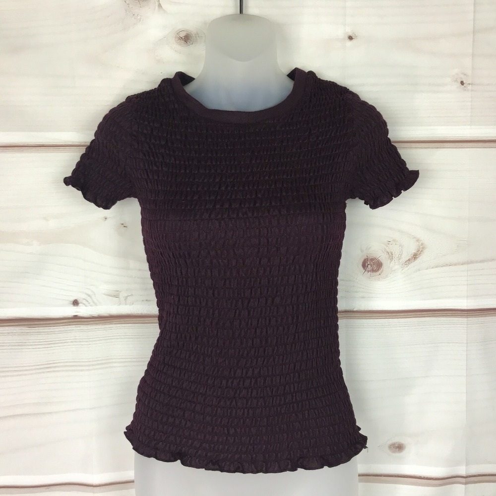 Freshman Top Juniors XS Purple Smocked T-Shirt Solid Short Sleeve Crew Neck